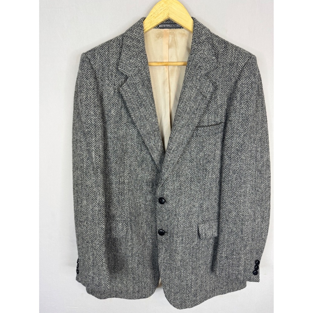 Harris Tweed Sears Mens 38 Grey Herringbone Virgin Wool Blazer Sport Coat Jacket